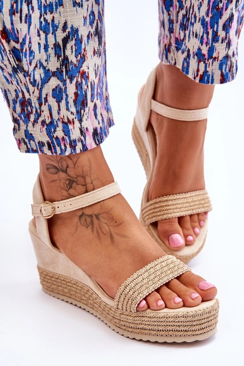 Klasyczne Damskie Sandały Na Koturnie Beżowe Malmo