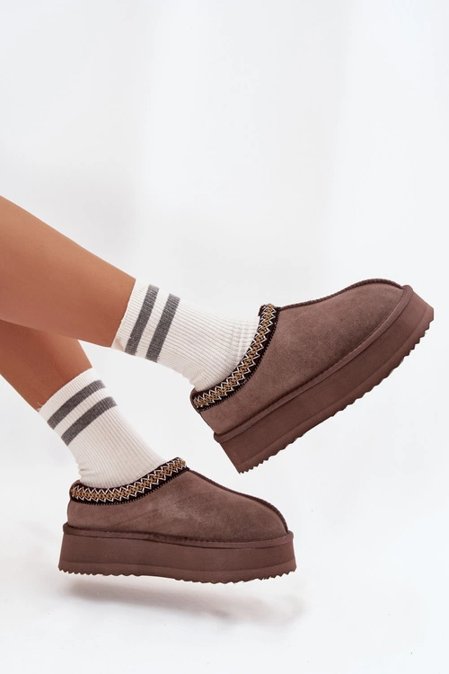 Niskie Zamszowe Śniegowce Damskie Z Haftem Na Platformie Vinceza 97960 Brązowe