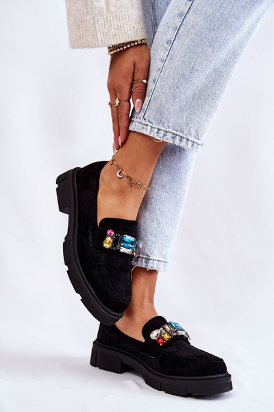 Damskie Zamszowe Półbuty Loafery Z Ozdobą Czarne Karlott