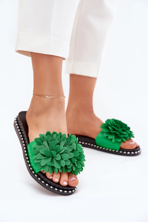 Klapki Damskie Ozdobione Kwiatami Zielone Cellanen