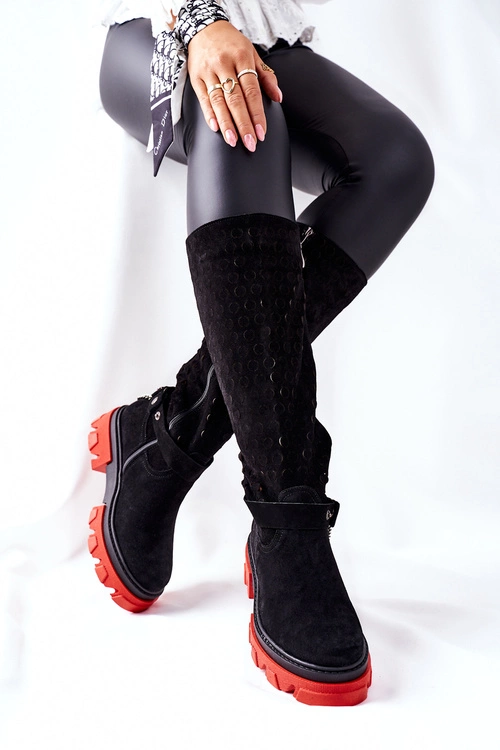 Damskie Skórzane Kozaki Lewski Czarne Zamszowe 2866