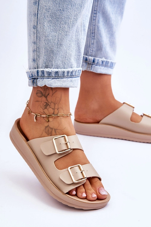 Damskie Klapki Na Platformie Z Paskami Beżowe Clever