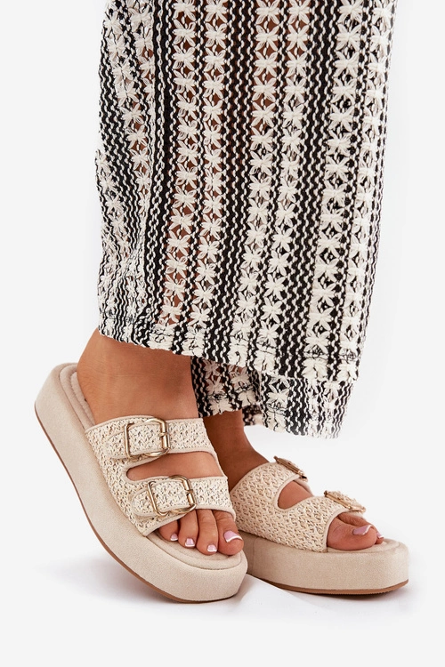 Klapki Damskie Na Platformie Z Klamrami I Plecionką Beżowe Limme