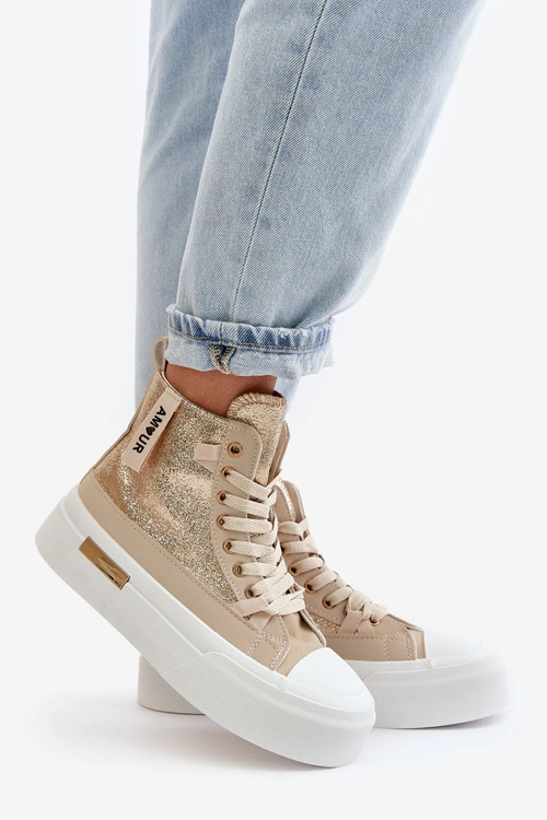Damskie Wysokie Trampki Na Platformie Beżowo-Złote Averira
