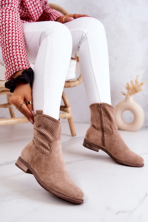 Zamszowe Damskie Ażurowe Botki Beżowe Lemar