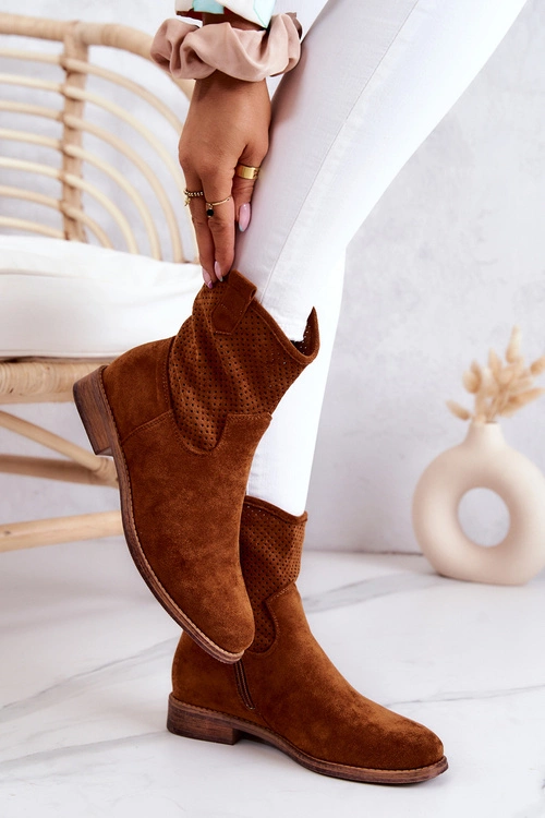 Zamszowe Damskie Ażurowe Botki Camel Lemar