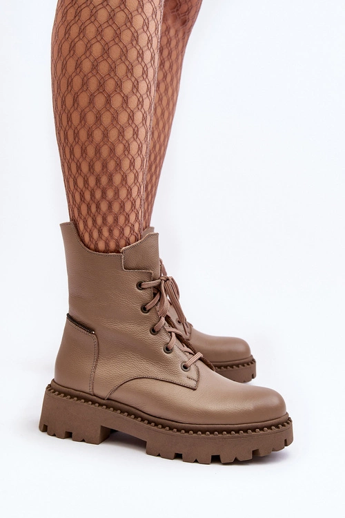 Skórzane Botki Trapery Damskie Na Suwak Zazoo 949P Ciemnobeżowe