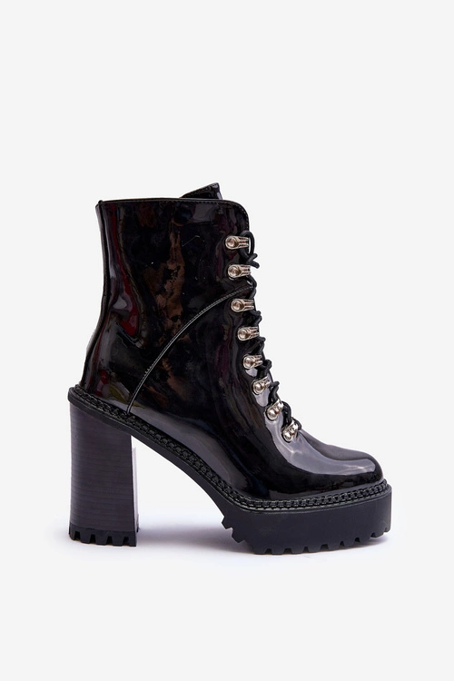 Lakierowane Masywne Botki Na Słupku Czarne Ikeshia