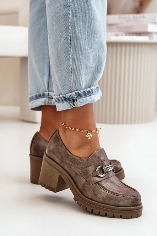 Zazoo 20175 Półbuty Damskie Na Słupku Skóra Naturalna Ciemnobeżowe