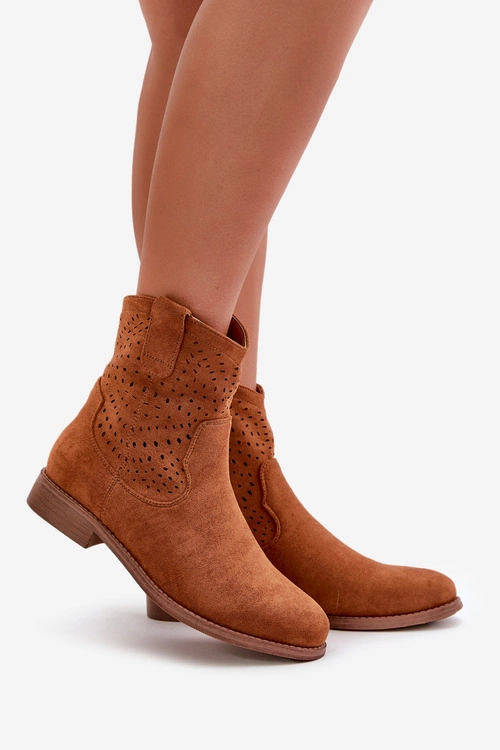 Damskie Ażurowe Botki Na Płaskim Obcasie Camel S.Barski HY42-135