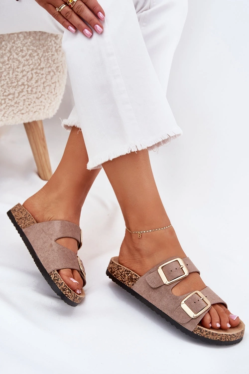 Klapki Damskie Z Eko Zamszu Złote Klamry Ciemnobeżowe Vorella