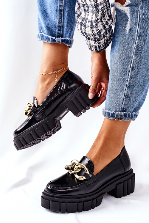 Damskie Półbuty Loafery Skórzane Czarne Laura Messi 2339