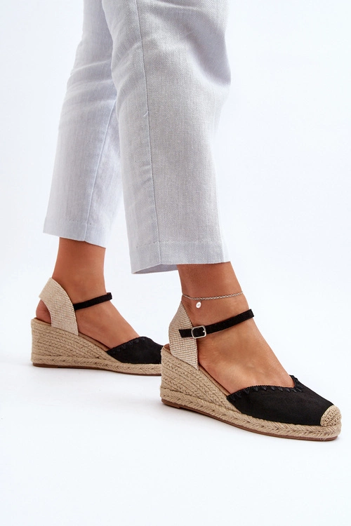 Zamszowe Sandały Espadryle Na Koturnie Z Plecionką Czarne Raylin