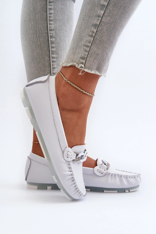 Skórzane Mokasyny Damskie Z Ozdobą Białe S.Barski LR339