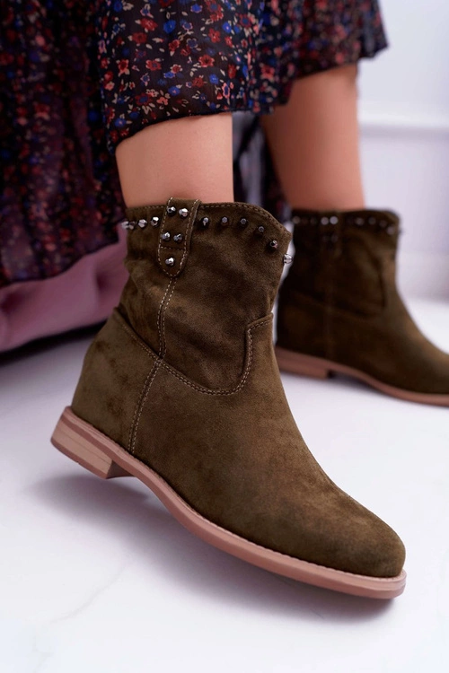 Botki Damskie Na Koturnie Płaski Obcas Ocieplane Za Kostkę Oliwkowe Deminis