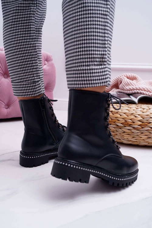 Botki Damskie Płaski Obcas Wysokie Glany Czarne Buena