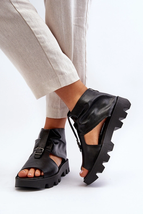 Zazoo 999 Skórzane Sandały Damskie Z Zamkiem Czarne