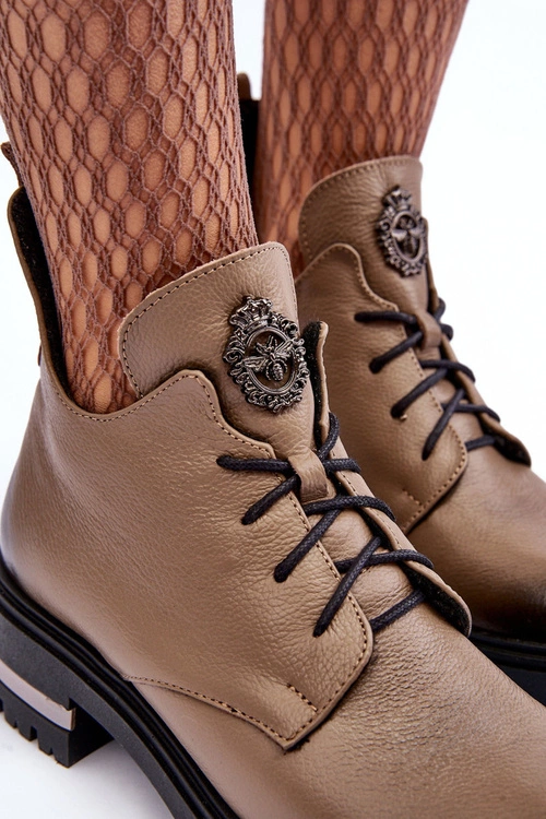 Damskie Skórzane Botki Na Płaskim Obcasie Beżowe Lemar Charline