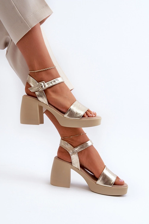 Zazoo 40386 Damskie Skórzane Sandały Na Klocku Złote