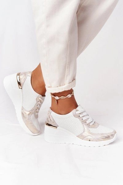 Skórzane Sneakersy Na Koturnie S.Barski Biało-Złote