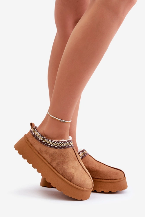 Kapcie Śniegowce Na Platformie Z Haftem Camel Tamilda