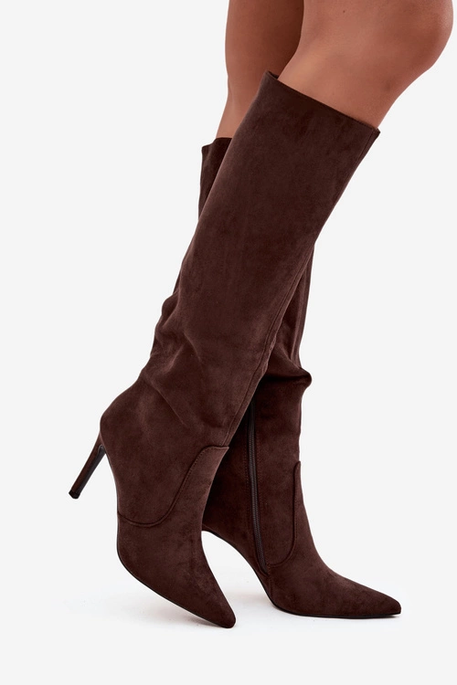 Ocieplane Kozaki Damskie Na Szpilce Z Eko Zamszu Czekoladowe Rosavine