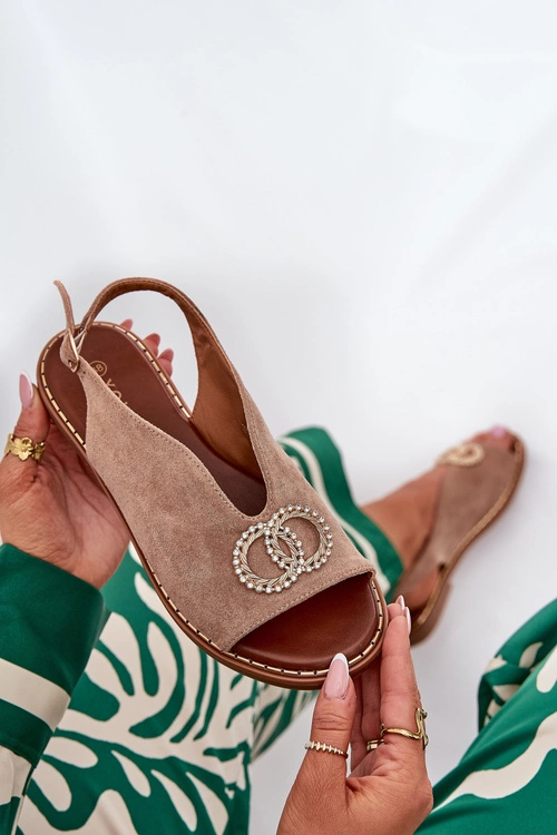 Sandały Damskie Z Ozdobą Na Płaskim Obcasie Eko Zamszowe Ciemnobeżowe Ralisses