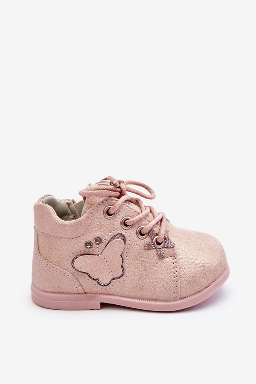 Skórzane Botki Sznurowane Z Motylkiem Różowe Avi