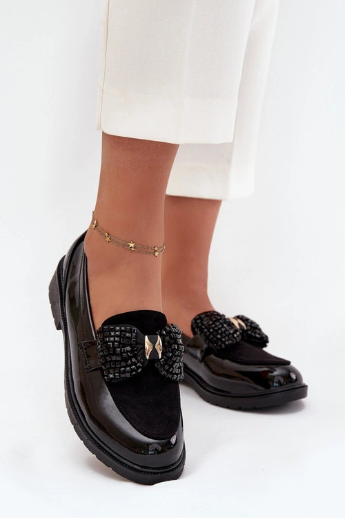 Lakierowane Mokasyny Damskie Z Kokardką S.Barski HY51-319 Czarne