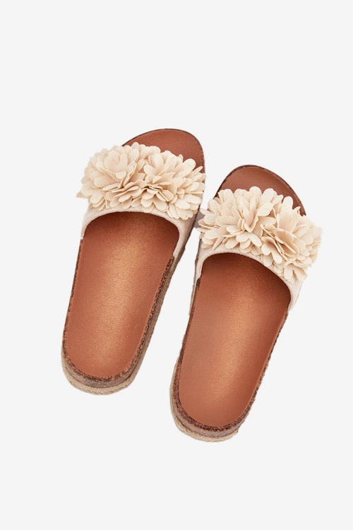 Klapki Damskie Na Platformie Z Ozdobnymi Kwiatkami Beżowe Tessara