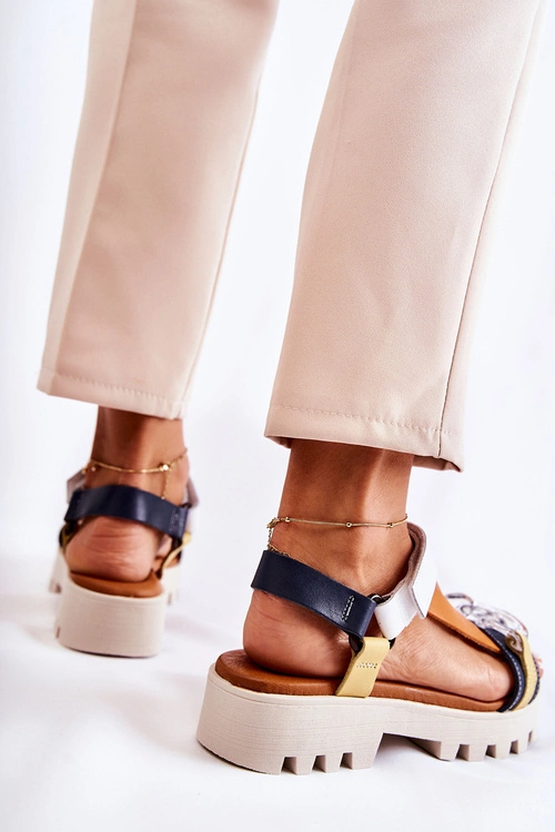 Skórzane Sandały Na Rzepy Maciejka L5009-02 Granatowo-Białe