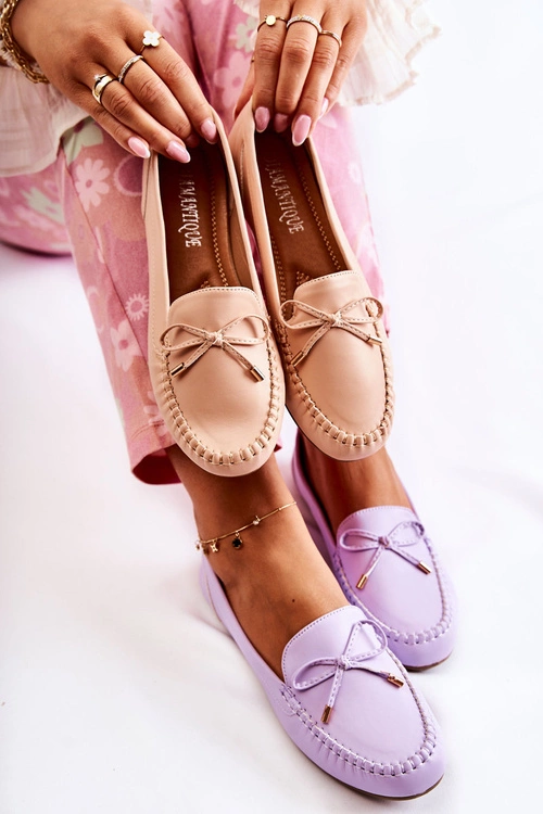 Damskie Skórzane Mokasyny Z Kokardą Fioletowe Aurila