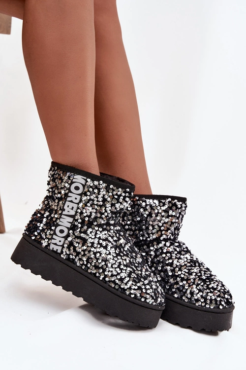 Śniegowce Damskie Na Platformie Zdobione Cekinami Czarno-Srebrne Silmo
