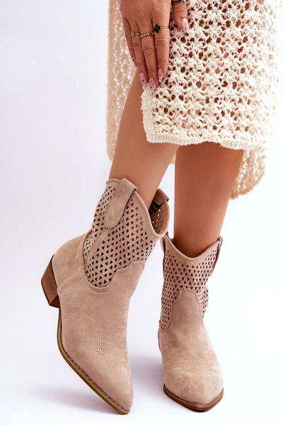 Damskie Ażurowe Botki Kowbojki Beżowe Reeds
