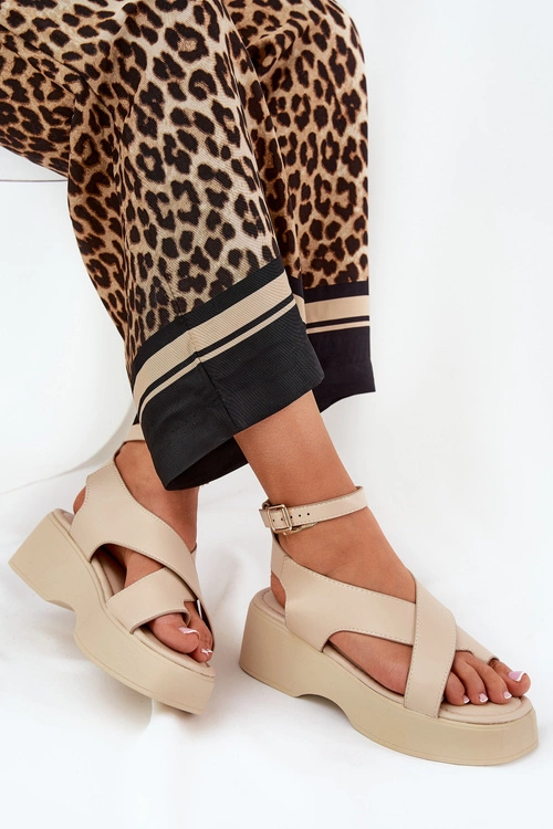 Sandały Damskie Na Platformie I Koturnie Eko Skórzane Beżowe Tenzorus