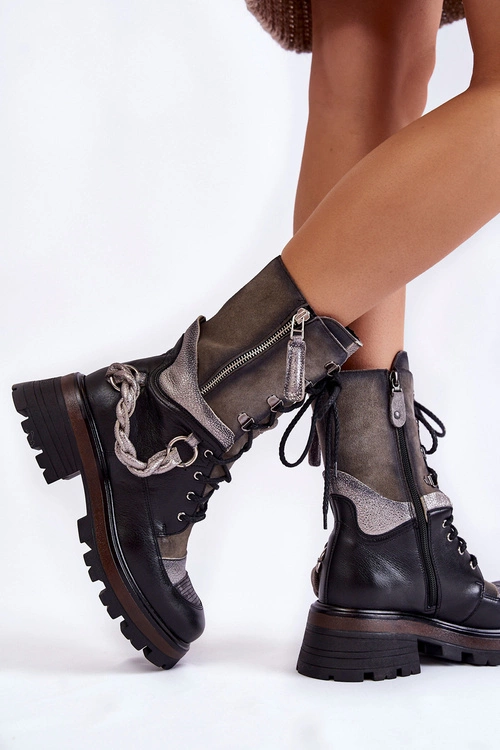 Skórzane Wysokie Botki Workery Maciejka 05586-01 Czarno-Szare