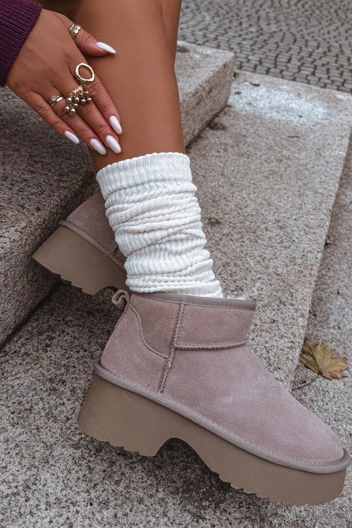 Śniegowce Damskie Z Naturalnego Zamszu Ocieplane Futerkiem Khaki Milora