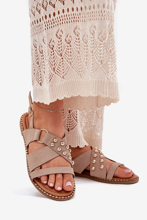 Sandały Damskie Na Płaskim Obcasie Ze Złotymi Ćwiekami Beżowe Zanira