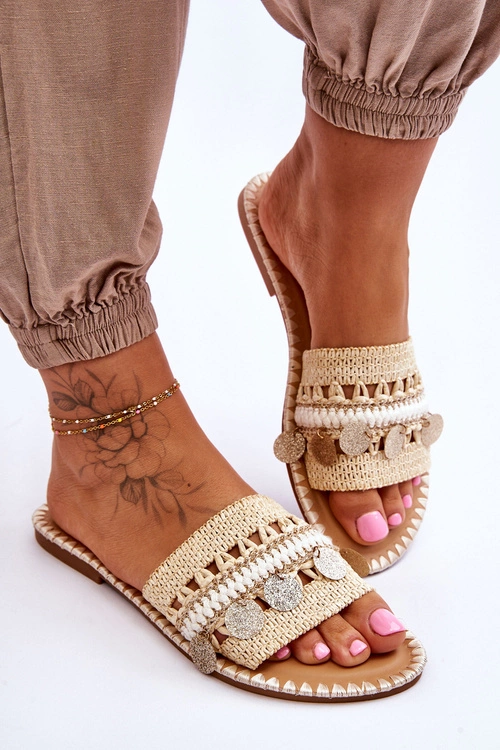 Damskie Plecione Zdobione Klapki Beżowe Millano