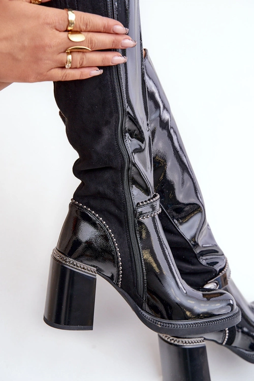 Zdobione Lakierowane Kozaki Damskie Na Słupku D&A MR880-055 Czarne