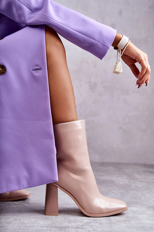 Damskie Lakierowane Botki Kozaki Beżowe Margit