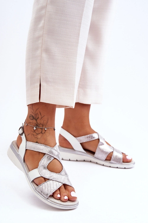 Damskie Skórzane Sandały S.Barski 97619 Srebrne