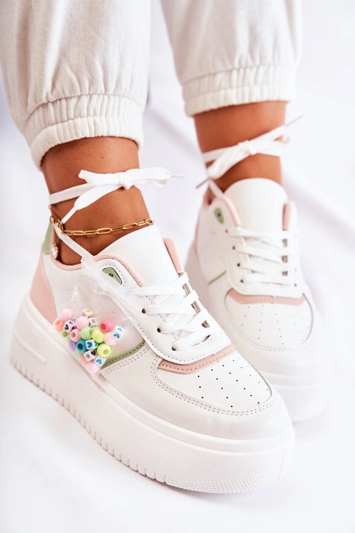 Damskie Wiązane Buty Sportowe Sneakersy Biało-Różowe Manila