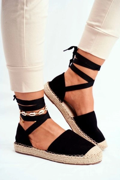 Espadryle Damskie Wiązane Lniane Czarne Bonjour