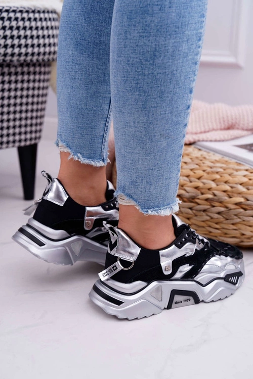 Damskie Sportowe Obuwie Big Star by Daniel Lopez Czarno Srebrne FF274A527