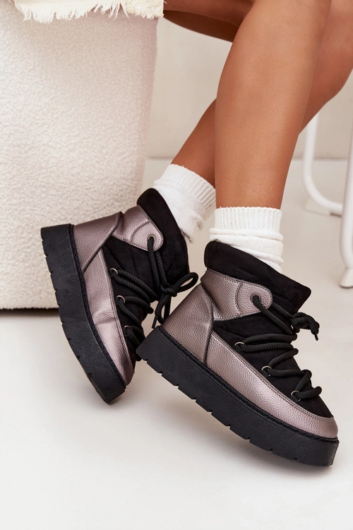 Niskie Śniegowce Damskie Ocieplane Futerkiem Z Grubym Wiązaniem Czarne Xarina