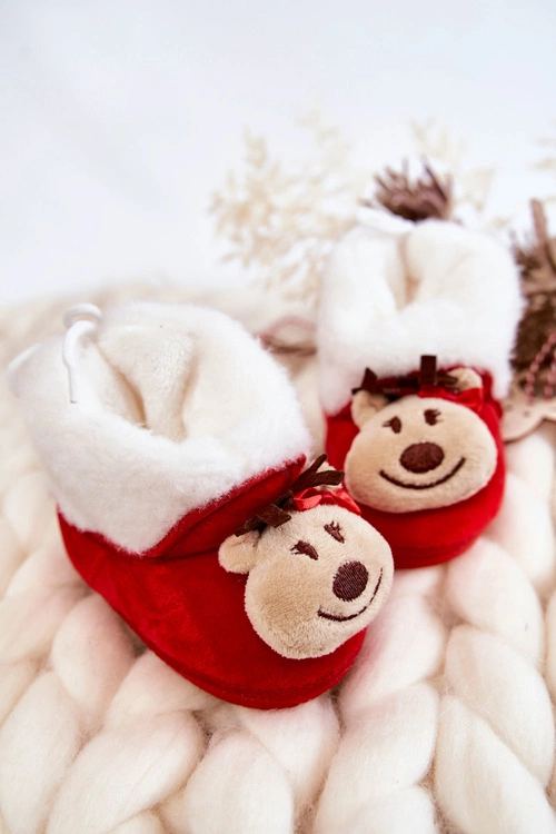 Dziecięce Ocieplane Papcie Renifer Z Kokardką Czerwone