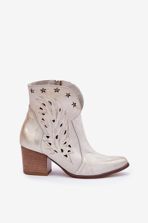 Ażurowe Botki Kowbojki Skórzane Na Słupku Lewski 3613 Złoty Przecierany