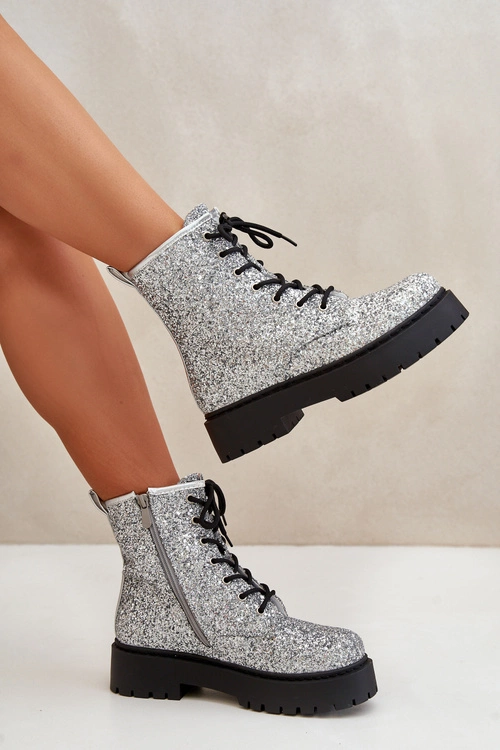 Ocieplane Botki Workery Damskie Ozdobione Cekinami Srebrne Liatheine