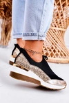 Damskie Skórzane Sneakersy Na Koturnie Czarne Złote Frances
